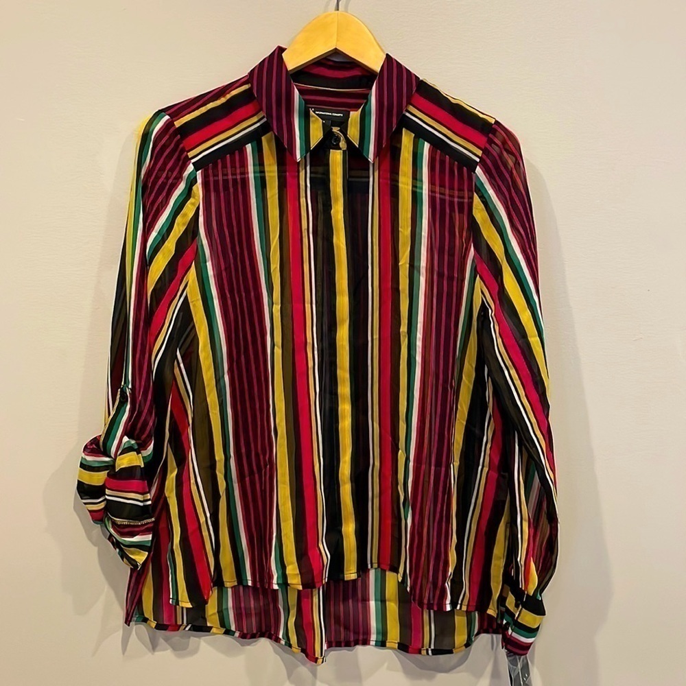 INC International Concepts Striped Long Sleeve Sheer Top Women’s Sz M Colorful